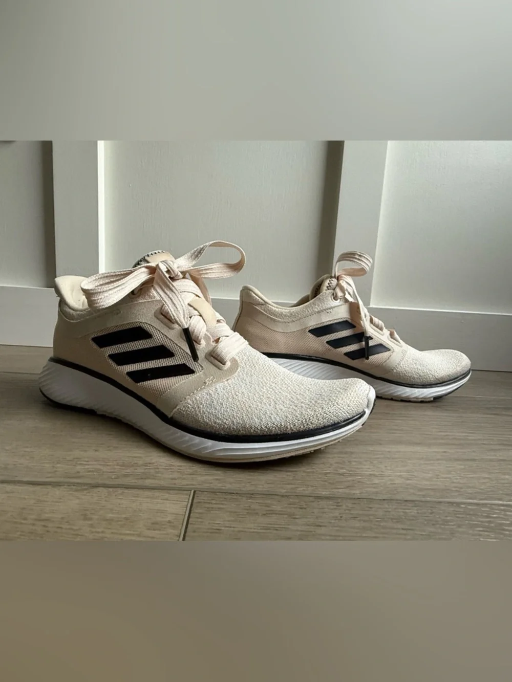 adidas Women's Bounce Edge Lux Athletic Shoes in Beige with Black Stripes